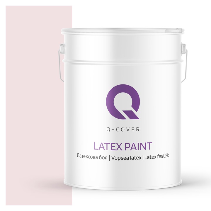 Vopsea latex, Q-Cover, Alb cu tenta de roz H3678, pentru interior, pe baza de apa, galeti de fier, usor de aplicat, rezistent la frecare, elimina reflexiile luminii, sigura pentru persoanele alergice, fara miros, tixotropa, Mat, 10L