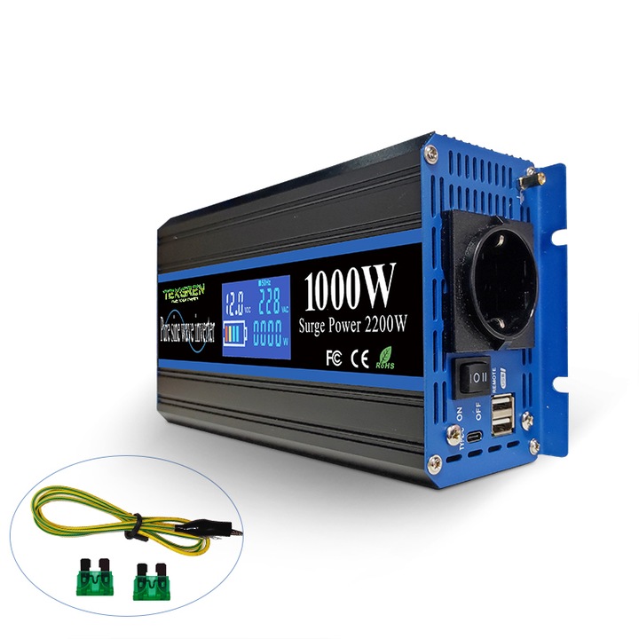 Invertor solar auto 1000 W, 220V, afisaj LCD, pentru camping si activitati in aer liber