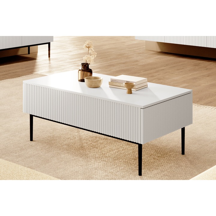 Masuta Cafea, Meble Bogart, Nicole, Fixa, Multifunctionala, Living, Dreptunghi, MDF, 120 x 60 cm, Alb mat/Negru