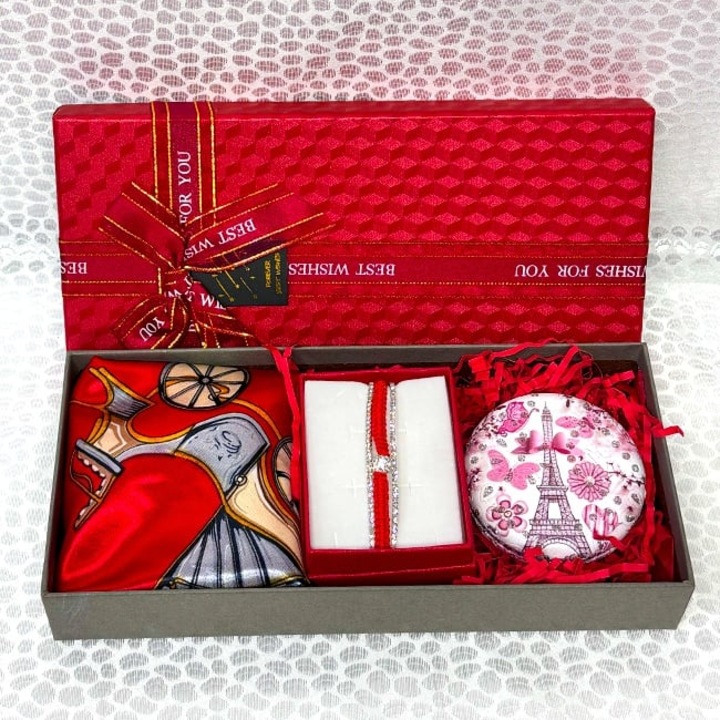 Pachet Epso, oglinda, cutiuta cu bratari, esarfa dama, in cutie cadou, Rosu, Velve