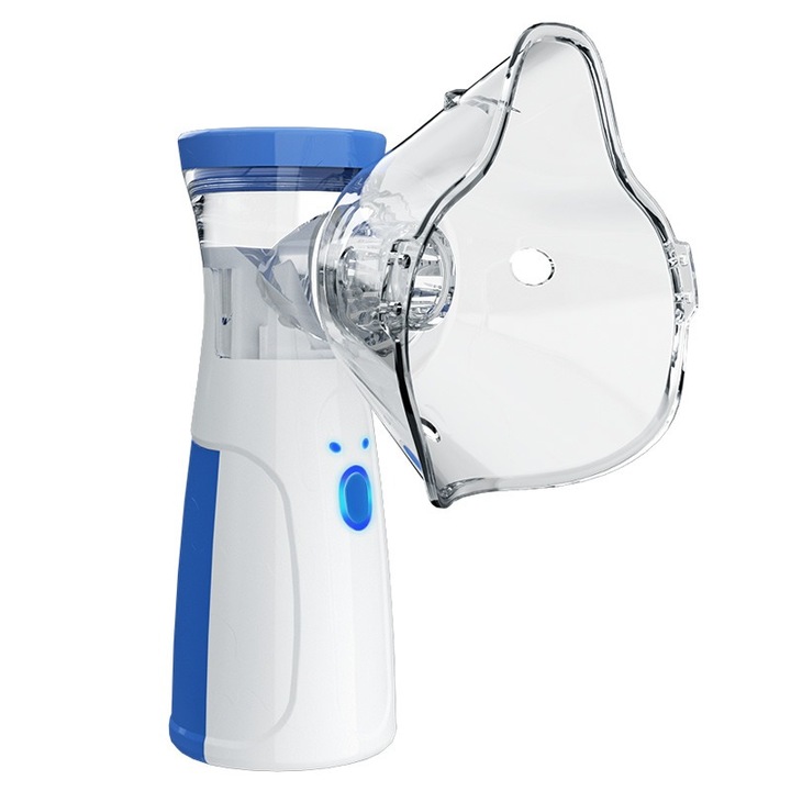 Аерозолен апарат, Ултразвуков небулизатор, Безшумен, Преносим, 2 маски за възрастни и деца с включена дюза, 3 регулируеми нива, Презареждащ се, Използва се при астма, Настинка с кашлица, Болки в гърлото, Белодробни заболявания, Преносим, За дома, Бял/Син