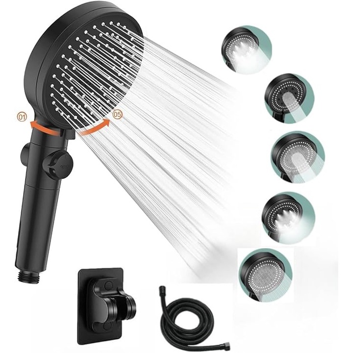 Cap de dus de mana de inalta presiune cu furtun de 150 cm si suport pentru adeziv, cap de dus portabil cu 5 moduri de pulverizare cu comutator de pauza ON/OFF pentru economisirea apei, stropitor de mana pentru spa pentru precipitatii，Negru
