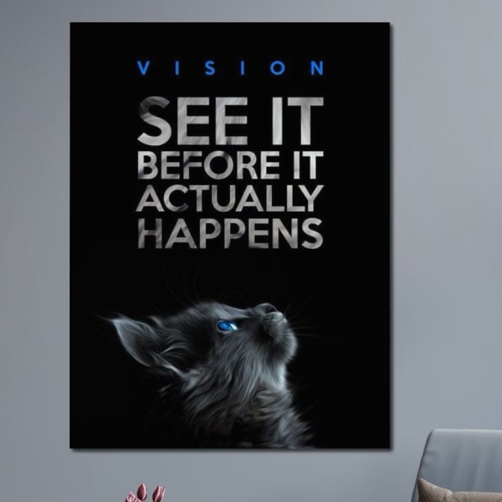 Премиум картина върху платно, LuxCanva® F1029, Въображението става реалност, 100 X 135 CM, 100% памучно платно 400g/m2, дървена рамка, Котка, Визия, Вяра, Реалност, Успех, Хол, Офис, Ярки цветове