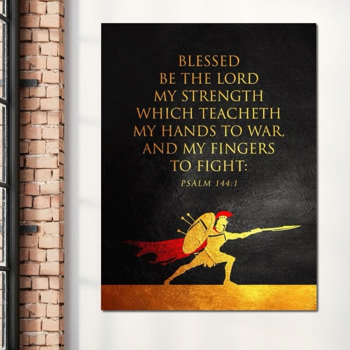 Премиум картина върху платно, LuxCanva® F1026, Смелост и вяра, 100 X 135 см, 100% памучно платно 400 г/м2, дървена рамка, библейски, защита, война, псалми, благодат, хол, офис, ярки цветове