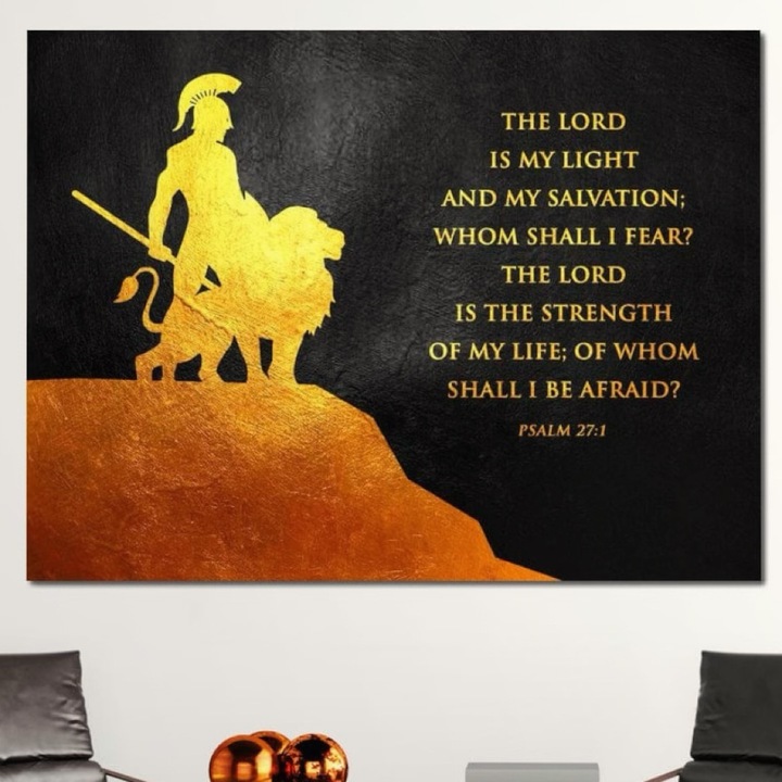 Премиум картина върху платно, LuxCanva® F1030, Силата на воина, 100 X 135 см, 100% памучно платно 400 г/м2, дървена рамка, спасяване, светлина, божествено, боец, лъв, хол, офис, ярки цветове