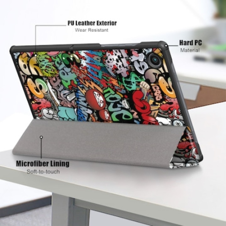 Husa de protectie pentru tableta, ultra-subtire, pentru Samsung Tab A8 10, 5 inchi (2021) SM-X200 / X205 / X207, functie stand trezire pana la somn, Graffiti