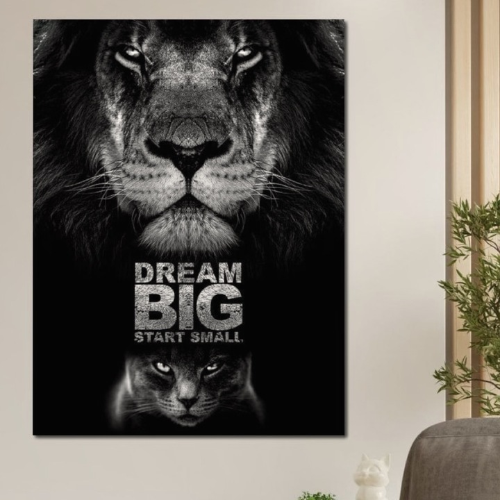 Премиум картина върху платно, LuxCanva® F1028, От малко до легендарно, 100 X 135 CM, 100% памучно платно 400g/m2, дървена рамка, Лъв, Котка, Еволюция, Мечта, Реалност, Хол, Офис, Ярки цветове