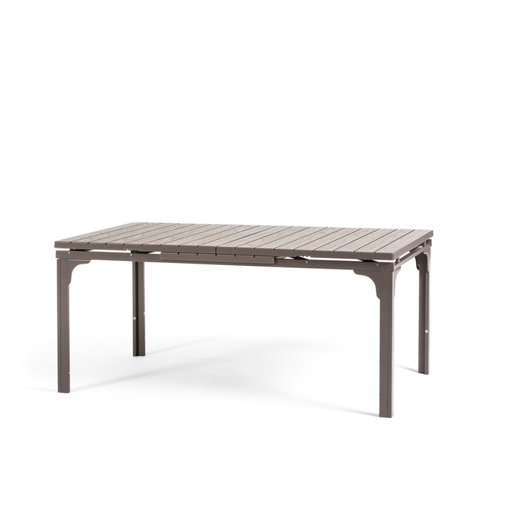 Masa extensibila de gradina THOMAS XL - 180/240x90 cm, structura din otel si blat din polietilena efect lemn, Gri bej