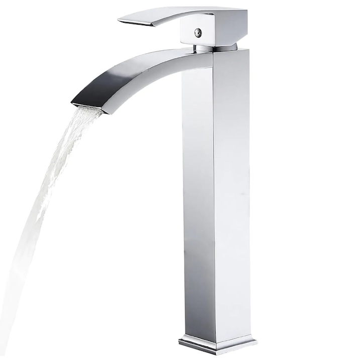 Смесител за мивка, висок, тип водопад Elindor, модерен едноръкохватков за баня и кухня, месинг, монтаж на плот, широка струя, вграден, многофункционален, елегантен дизайн за мивка или плот, лъскаво хромирано покритие сребрист