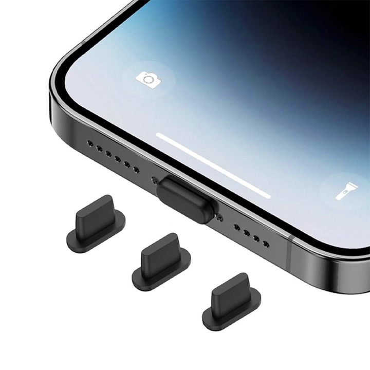 3 db-os porvédő dugós készlet C típusú porthoz, OPTIM SOLUTION, USB-C, porálló, folyékony, szilikon porálló dugó, tartós, könnyen behelyezhető, porvédő, praktikus méret, fekete