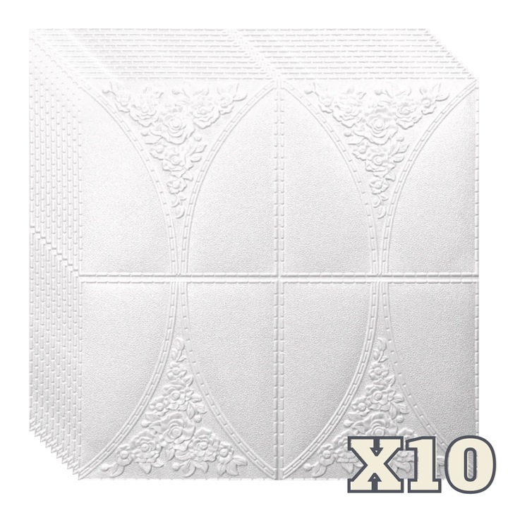 10 db 3D ZMR öntapadó dekoratív panel készlet, 70x70 cm, "Floral Arc Alb" minta, 3 mm vastagság, vízálló PVC anyag, 4,9 négyzetméter - klasszikus virágdizájn megkülönböztetett helyekre