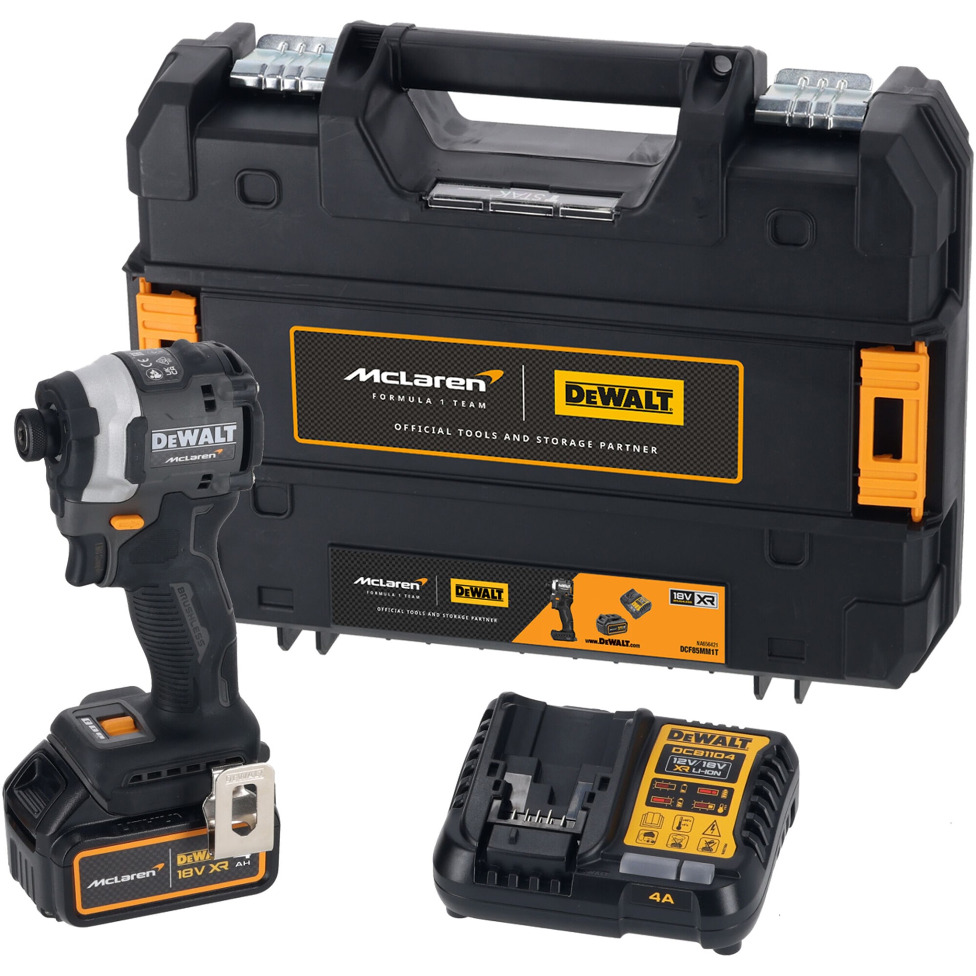 Masina de insurubat cu impact pe acumulator DeWALT DCF85MM1T, editie limitata McLaren, 18V XR, 1/4 inch, acumulator Li-Ion 4 Ah, motor fara perii, iluminare LED, ultra compacta 100