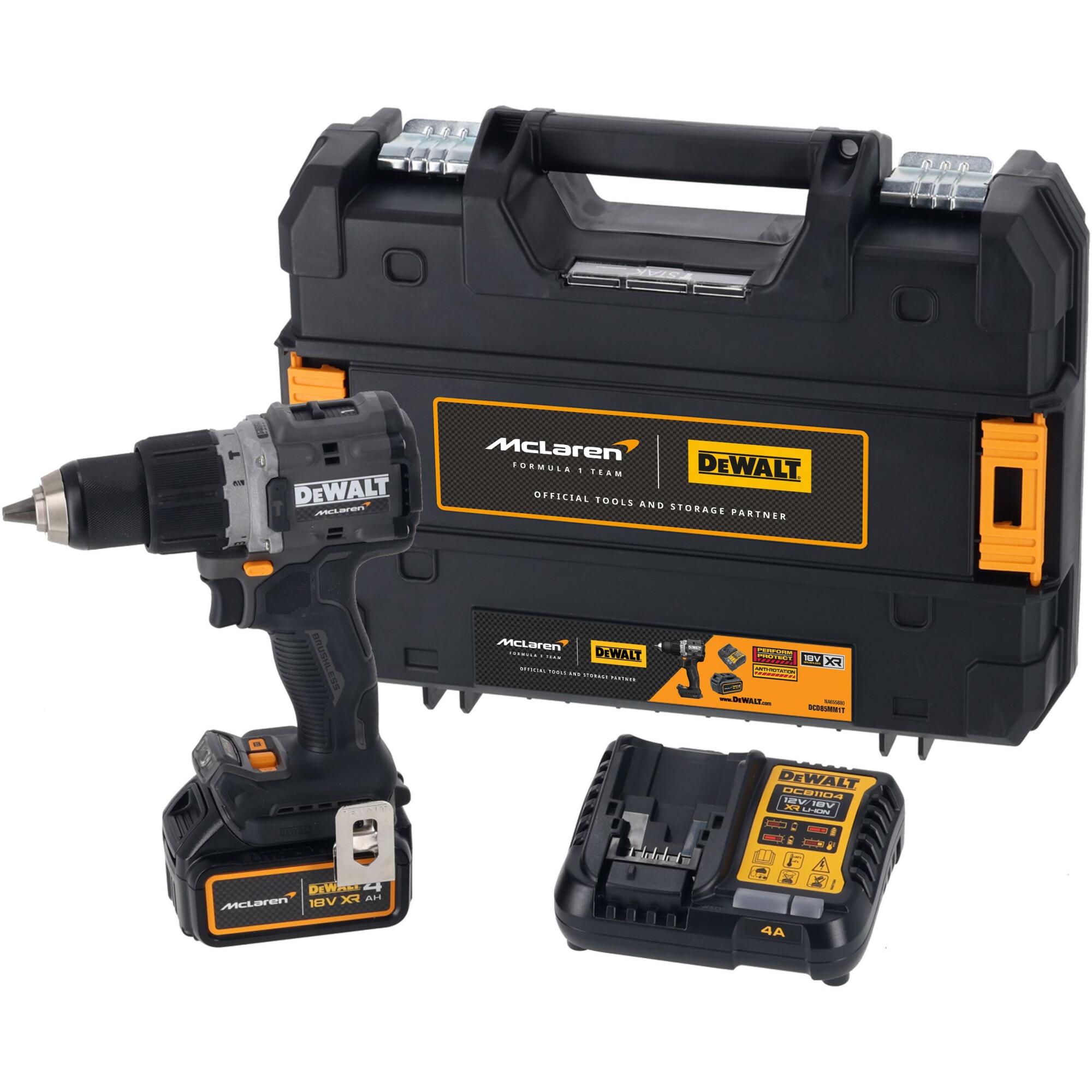 Masina de gaurit si insurubat (bormasina) pe acumulator cu percutie DeWALT DCD85MM1T, editie limitata McLaren, 18V XR, acumulator Li-Ion 4 Ah, motor fara perii, iluminare LED, sist