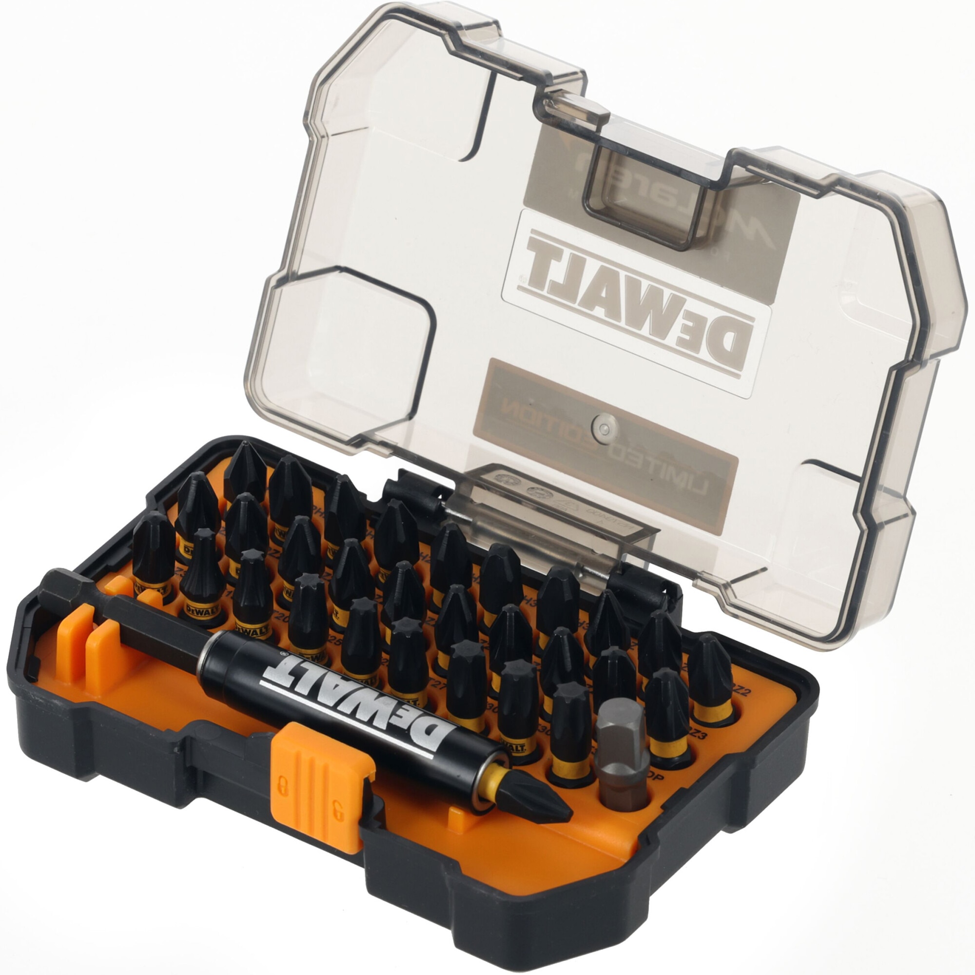 Set de insurubare 32 piese cu adaptor biti magnetic de impact DeWALT DT70900T, editie limitata McLaren, 1 x 1/4 Hex Adaptor, 25mm (PH1, PH2 x5, PH3 x2), 14 x Pozidriv (PZ1, PZ2 x10