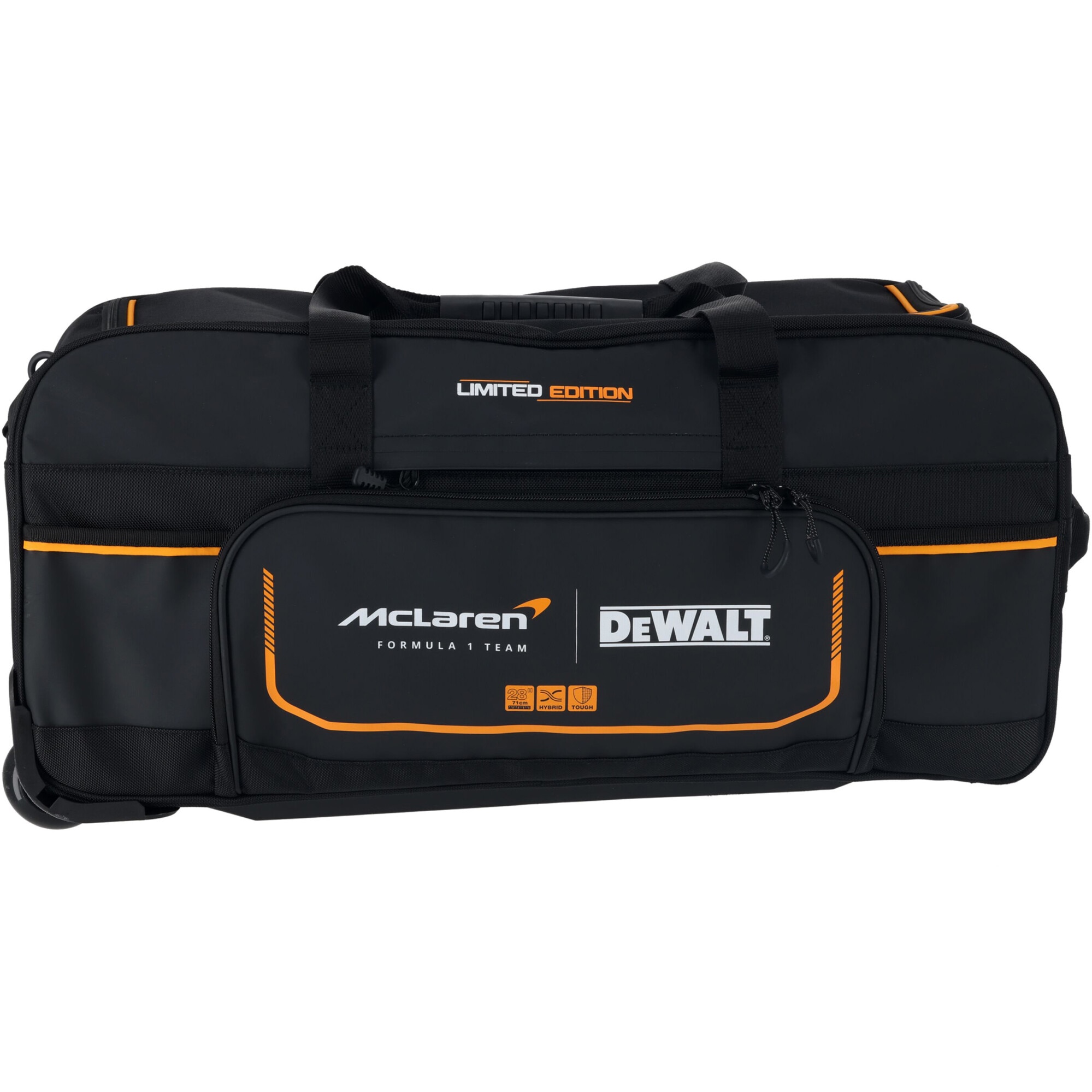 Geanta universala tip duffle cu roti DeWALT DWST83522-9, editie limitata McLaren, maner extensibil, utilizari multiple, buzunar ascuns cu fermoar, roti netede, material durabil, 28