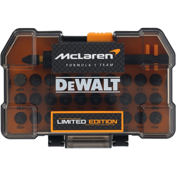 Set de insurubare 28 piese cu adaptor biti magnetic de impact DeWALT DT70902T, editie limitata McLaren, FLEXTORQ, 25mm (PH2, PZ1, PZ2 x2, PZ3, T20, T25), 57mm (PH1, PH2x2, PH3, PZ1, PZ2x6, PZ3x4, T20x2, T25x2), sistem Tough Case