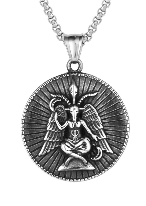 Colier cu Baphomet si Crucea Leviatana, inox argintiu, 3.2x3.2 cm
