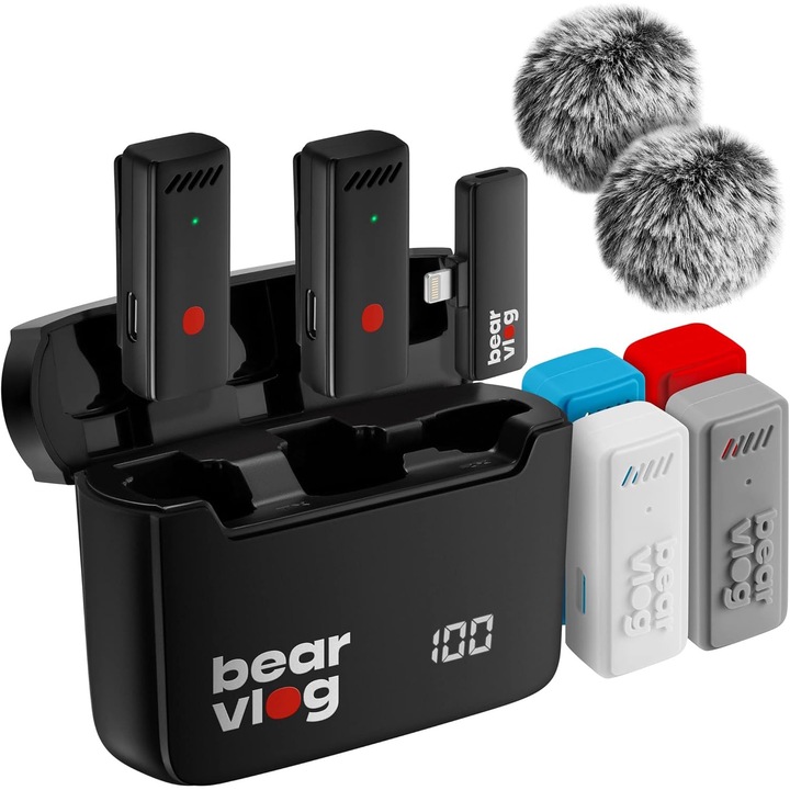 Комплект от 2 професионални микрофона Lavalier, VALA® Bear Vlog, 360º всепосочен звук, съвместим с iOS, Lightning, шумопотискане, звукова синхронизация, Plug and Play, бързо зареждане, 35 часа работа с едно зареждане, черен