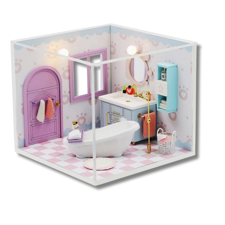 Baie in miniatura de construit, puzzle 3D tip macheta, jucarie educativa, model 3D casa de papusi S2010, lumini LED, set constructie interactiv, pentru copii, adolescenti, adulti, 13x13x11 cm, Multicolor