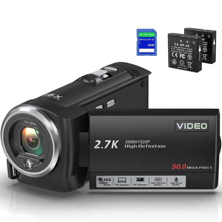 Delmodes videokamera 2,7K 50Mp videokamera 16X digitális zoom kamera LED kitöltő lámpával Youtube-hoz, 2,8 hüvelykes LCD képernyős videokamera 32 GB SD kártyával, 2 elem