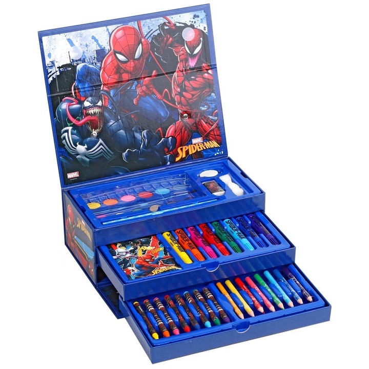 Set creativ de pictat cu Spider-Man, 52 piese, creioane cerate, carioci, acuarele si accesorii, in trusa, Albastru