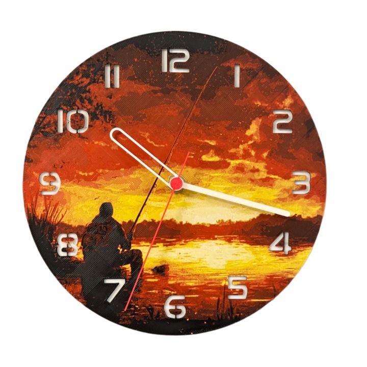 Ceas de Birou Printat 3D Peisaj Pescar Apus de Soare in Relief – Design Modern de Dimensiune Mare