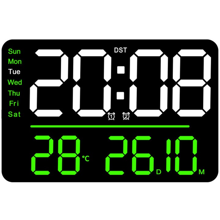 Ceas de perete, digital, diagonala mare 34cm, telecomanda, 2 alarme, ora si minute, calendar, termometru, cronometru, temporizator, ajustare luminozitate, ora de vara, 28x19 cm, lumina Led Verde-AlbaNegru, OptimStar®