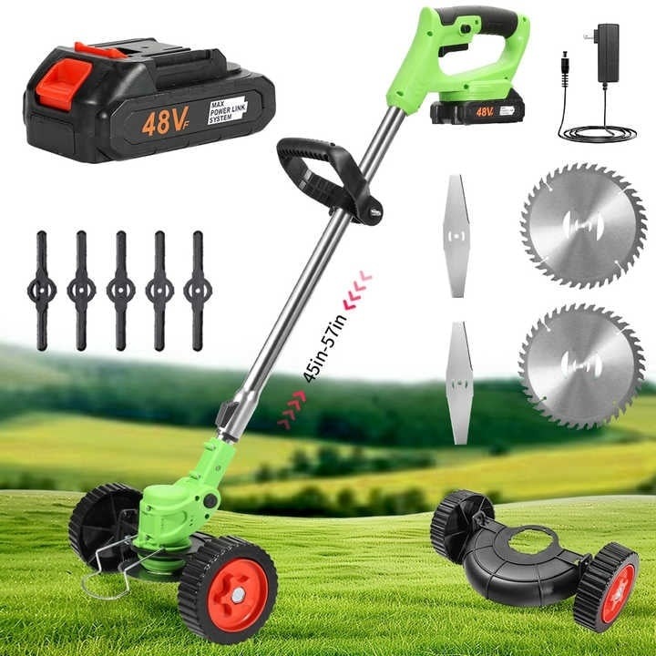 Set motocoasa electrica, cu 2 acumulatori, putere 1500W, cu 3 unghiuri de taiere, baterie 48V si alte accesorii, din ABS si metal, cu roti detasabile, verde