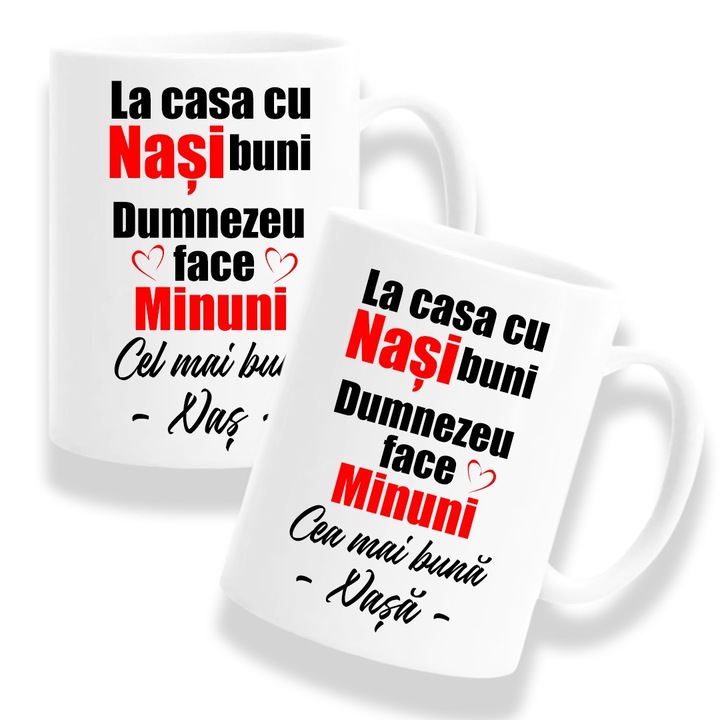 Set 2 Cani personalizate pentru Nasi cu mesaj: "La casa cu nasi buni Dumnezeu face minuni", Model Rosu, Betaprint, 330ml, alba, ceramica