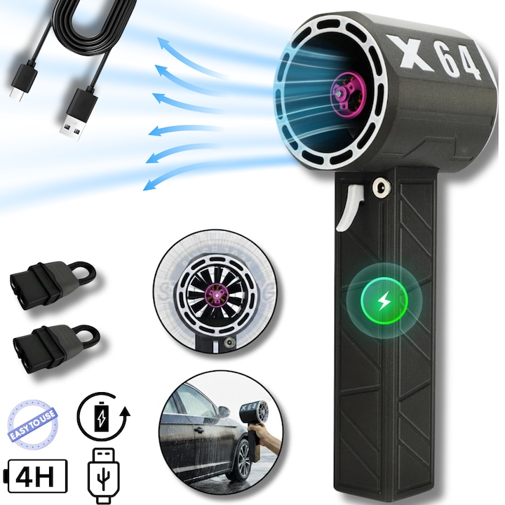 Suflanta Aer Comprimat Portabila STARGRIG®, Turbo Fan, 180000 RPM, Putere Suflare 1400G, Profesional, 840W, Baterie 8000 mAh, Incarcare USB Tip-C si DC, Negru