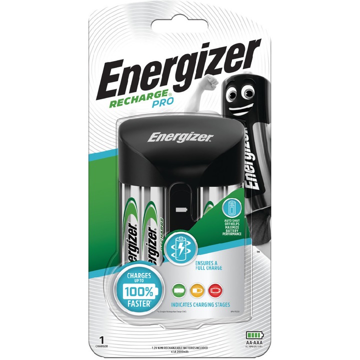 Incarcator acumulatori Energizer Pro, AA/AAA, 4 sloturi + 4 acumulatori reincarcabili AA