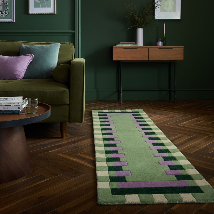 Covor traversa Flair Rugs Kai Wool Border, 60 x 230 cm, 3400 g/m², 100% Lana, Verde / Mov