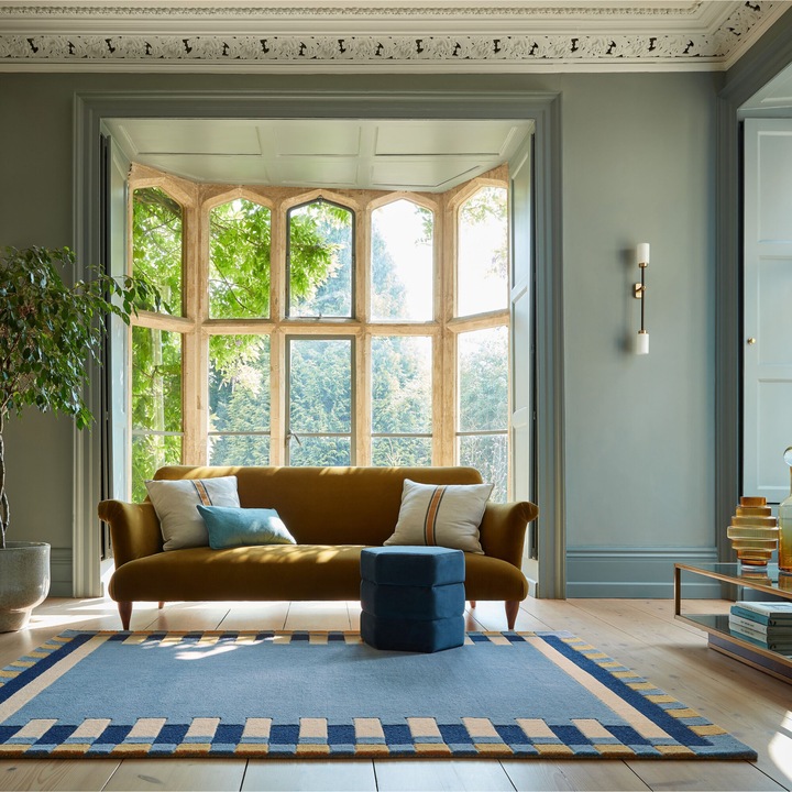 Covor dreptunghiular Flair Rugs Kai Wool Border, 120 x 170 cm, 3400 g/m², 100% Lana, Albastru / Galben