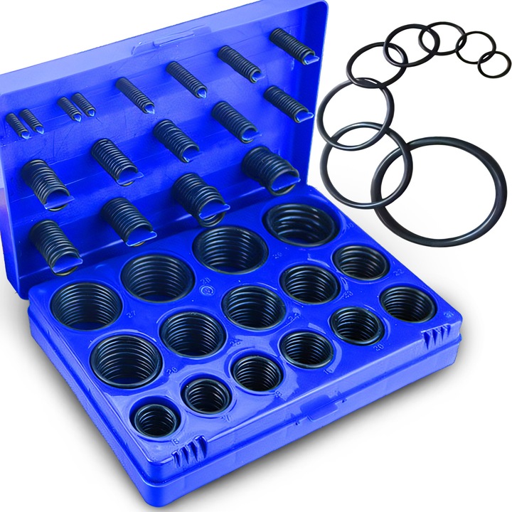 Set 419 Garnituri O-ring din Cauciuc NBR, RETOO FixIt, Rezistente la Ulei, Dimensiuni de la 3x1.5mm la 50x3.5mm, Cutie de Depozitare si Organizare din Plastic, pentru Reparatii Auto, Instalatii si Sisteme Hidraulice, Albastra