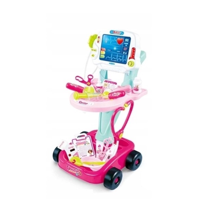 Set cabinet medical Matadi Little Doctor Pink cu panou EKG sunete si lumini, 17 accesorii medicale incluse, roti pentru mutare usoara