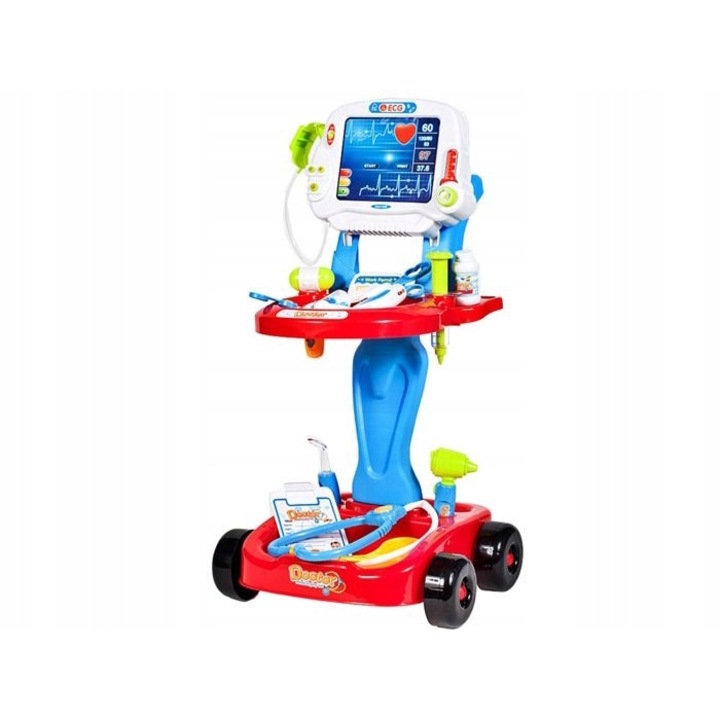 Set cabinet medical Matadi Little Doctor Blue cu panou EKG sunete si lumini, 17 accesorii medicale incluse, roti pentru mutare usoara