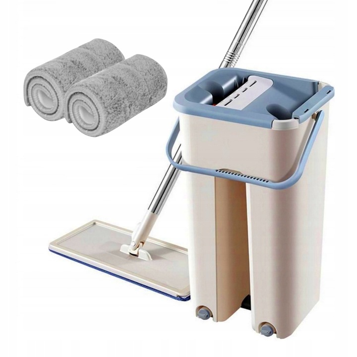 Mop plat cu galeata cu doua camere, Home Markt24, 2 rezerve microfibra incluse, albastru, 32x12cm