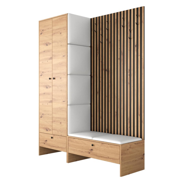 Mobilier pentru hol Esmoltis III, MIRJAN24, Stejar artisan + alb piele ecologica, 44x145x206 cm