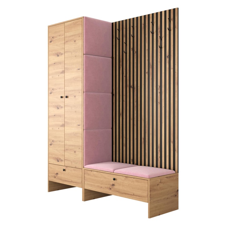 Mobilier pentru hol Esmoltis III, MIRJAN24, Stejar artisan + Roz, 44x145x206 cm