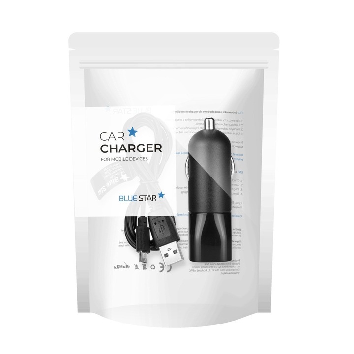 BlueStar fekete szivartöltőfej 1A + fekete micro usb kábel