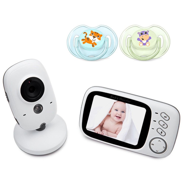 Пълна система Бебефон Видео и аудио Безопасност на бебето "VideoBaby 6003", Безжичен, HD XXL 3,2-инчов LCD екран, Нощно виждане, Възможност за разговор с бебето, Температурен сензор, Приспивни песни + Залъгалки за подарък