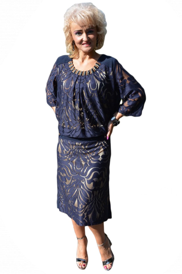 Rochie eleganta cu dantela si margele, D&J Exclusive, Bleumarin