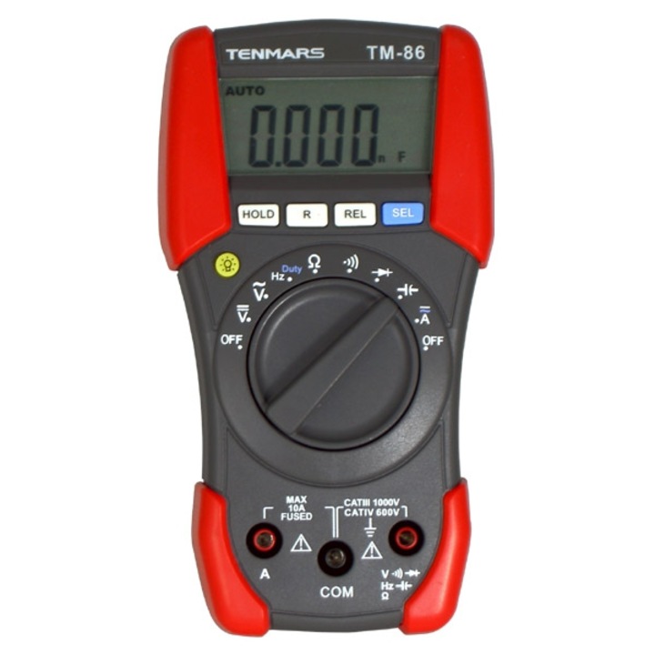 Multimetru, Tenmars Taiwan, TM-86, AC/DC V, A, R, Hz, respecta standardul EN 61010-1, certificat de calibrare, culoare negru si rosu