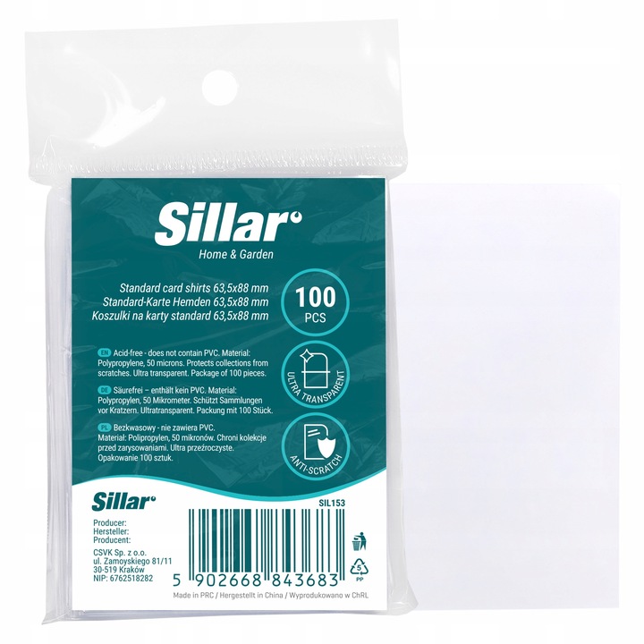 Folie protectie pentru carti de joc, carduri de colectie, 63, 5 x 88mm, 50 microni, Sillar, 100 pcs