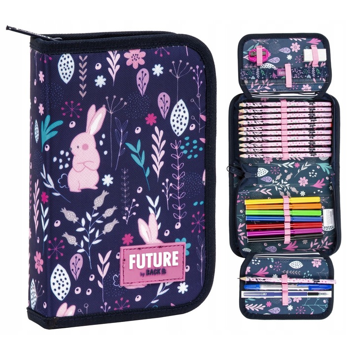Patut scolar set Sweet Rabbits, 10 creioane, 7 markere, roz-albastru, 20x13x4cm