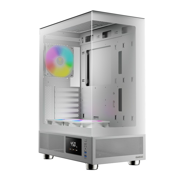 Gamdias Atlas E1 gépház, közepes torony, 3 ventilátorral, aRGB világítással, kijelzővel, amely mutatja a CPU, a GPU vagy a környezeti hőmérsékletet, fehér