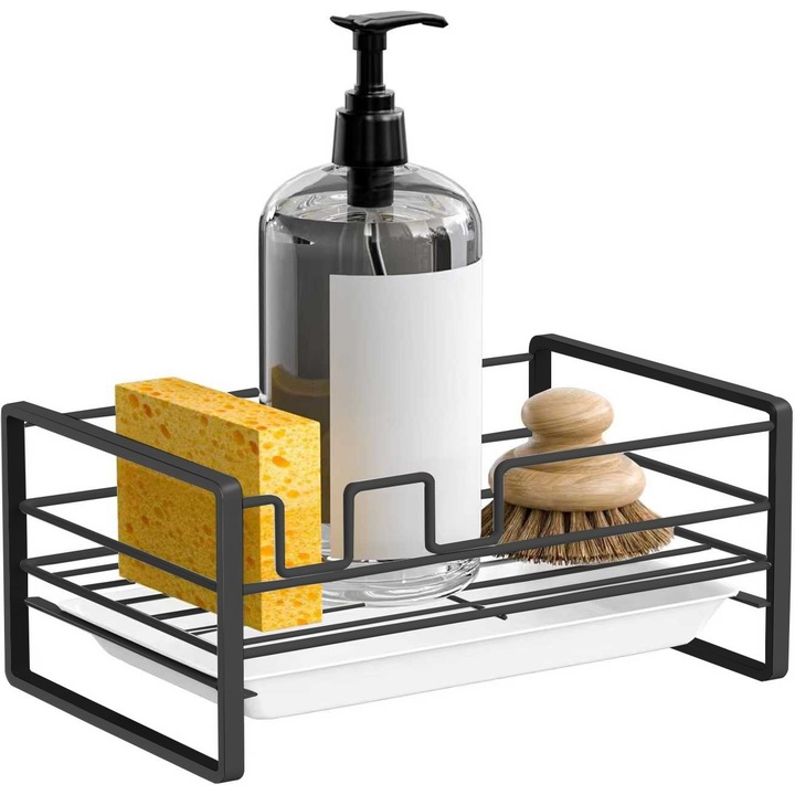 Suport burete vase, multifunctional cu scurgere pentru accesorii de curatenie, pentru bureti si lavete, incapator, negru