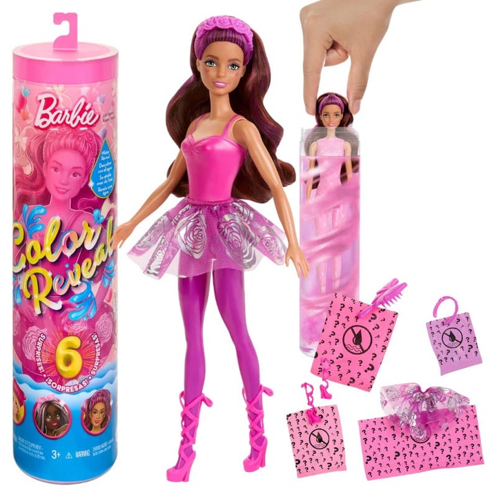 Papusa Barbie Colour Reveal Ballerina, cu accesorii surpriza, Mattel, pentru copii 3+ ani