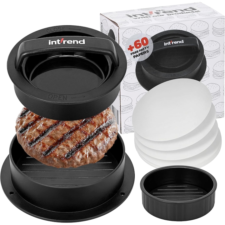 Set presa pentru burgeri, Intrend, 3 in 1, 6 piese, forma si presa, cu maner, din aluminiu, baza antiaderenta, 60 de foi hartie de copt, 30x40 cm, usor de curatat, negru