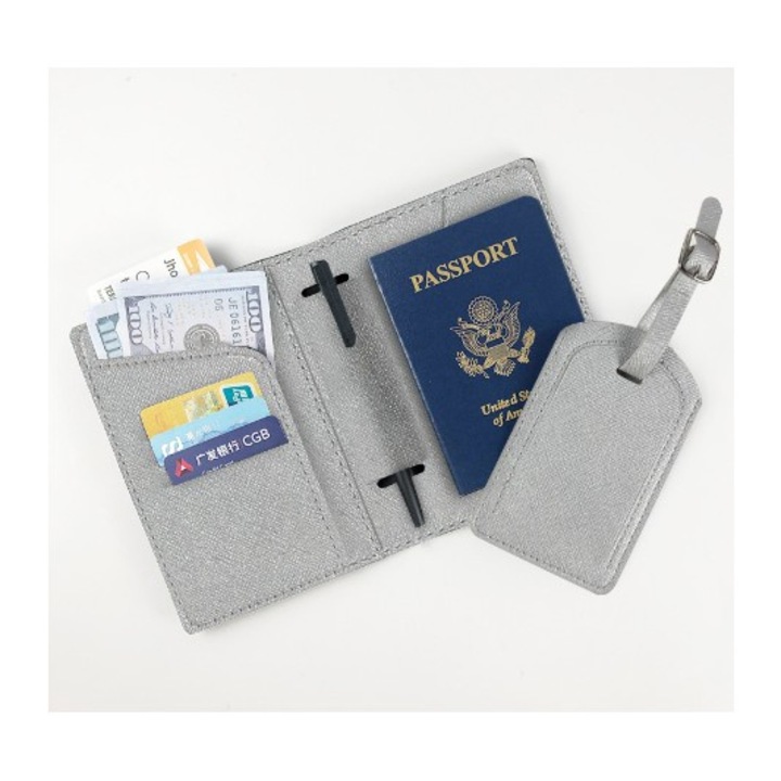 Портфейл за паспорт и карта, Flippy, 23x16 см, 70 г, PU кожа, държач за писалка, аксесоар за държач за етикети, унисекс, мултифункционален, сребрист